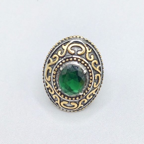 Two Tones Silver & Gold Ring Size 8 Green Glass Stone Ornate Design Oval Shaped - Picture 6 of 12